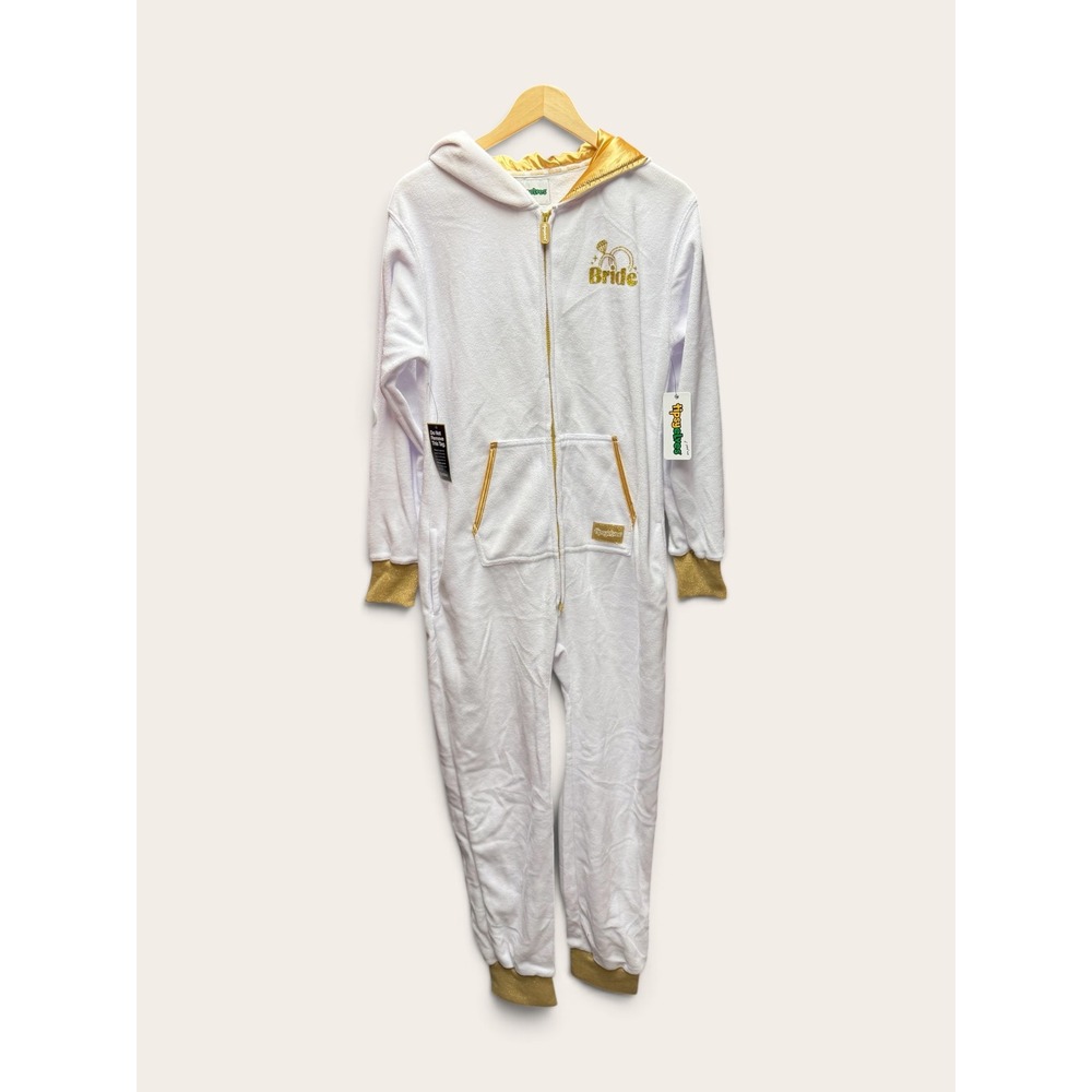 Tipsy Elves Bachelorette Bride Jumpsuit White Gold Glitter Hooded Veil Med NWT